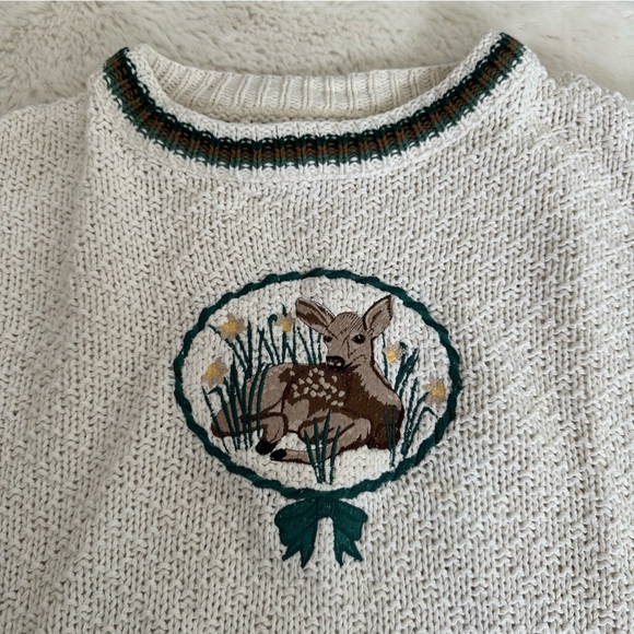 Vintage knit cream colored Fawn/ baby deer sweater - Picture 5 of 13